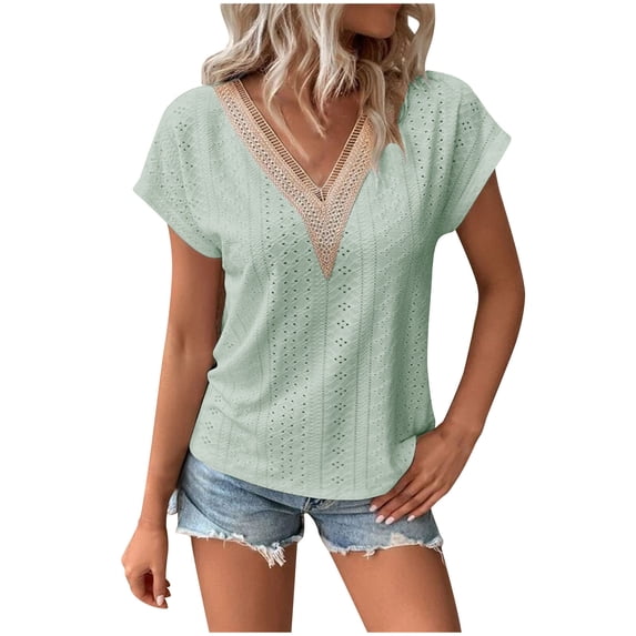 zbxnLI Short Sleeve T Shirts for Women Fashion Lace V Neck Casual Loose Summer Breathable Solid Color Tee Tops