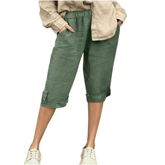 zbxnLI Shorts for Women Summer Cotton Linen Shorts Elastic Waist Rolled Lounge Beach Shorts with Pockets