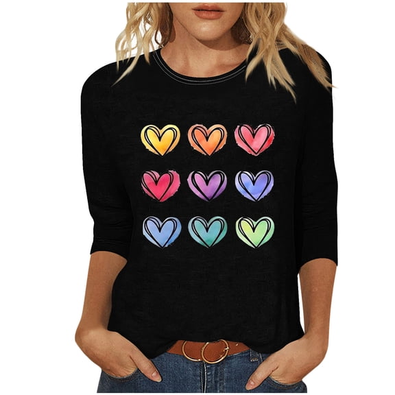 zbxnLI Spring Shirts for Women Valentine's Day Top Crew Neck Shirt 3/4 Sleeve Tee Casual Pullover Clothes