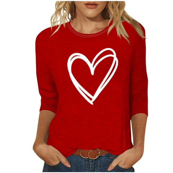 zbxnLI Spring Shirts for Women Valentine's Day Top Crew Neck Shirt 3/4 Sleeve Tee Casual Pullover Clothes
