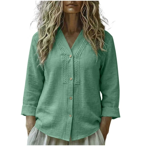 zbxnLI Spring Tops for Women's Cotton Linen Shirts Button down Cardigan V Neck Long Sleeve Top Lightweight Casual Clothes
