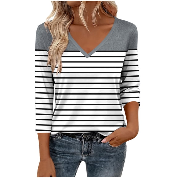 zbxnLI Spring Tops for Womens Pullover Crew Neck Blouse Striped 3/4 Sleeve Shirt Comfy Casual Work Blouses Tunic Tee