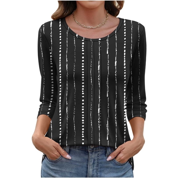 zbxnLI Spring Tops for Womens Pullover Crew Neck Blouse Striped 3/4 Sleeve Shirt Comfy Casual Work Blouses Tunic Tee