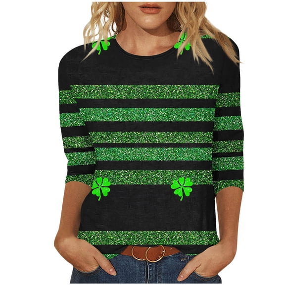 zbxnLI St. Patrick's Day Top Women Spring Shirts Crew Neck 3/4 Sleeves Tops Striped Tee Fashion Casual Outfits