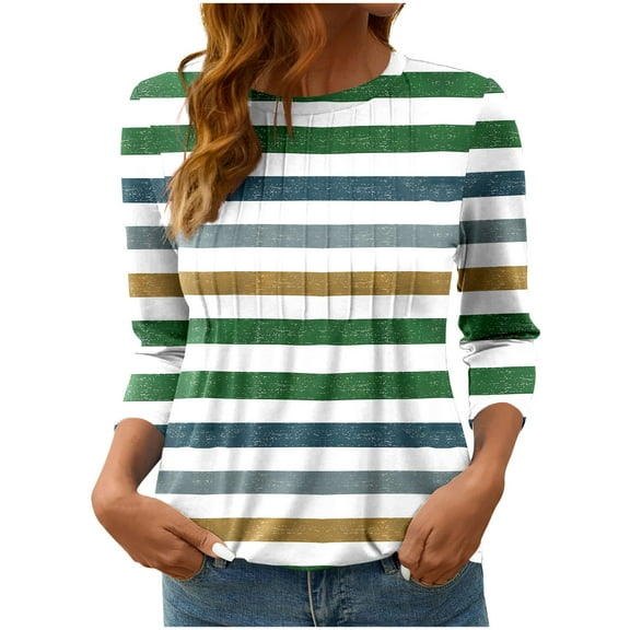 zbxnLI Striped Women's 3/4 Sleeve Tops Plus Size Crew Neck Pleated Shirts Tunic Top Basic Dressy Tees Blouses