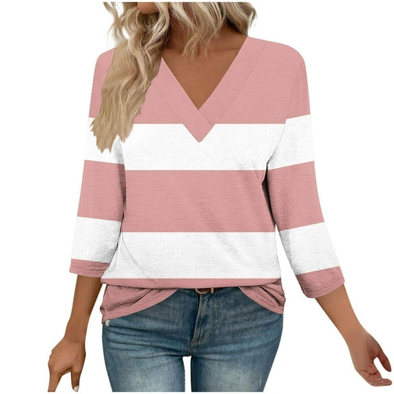 zbxnLI Striped Women's V Neck Tops 3/4 Sleeve Shirts Ladies Dressy Business Casual Blouses Summer Tees