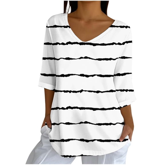 zbxnLI Striped Womens 3/4 Sleeve Tops Casual V Neck Tops Ladies Loose Blouses Summer T Shirts Fashion Spring Clothes