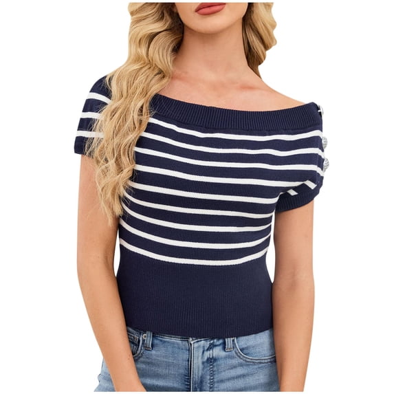 zbxnLI Striped off the Shoulder Blouse for Women Summer Short Sleeve Shirt Top Fashion Casual Stylish Shirts