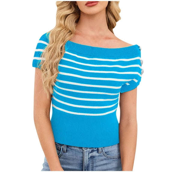 zbxnLI Striped off the Shoulder Blouse for Women Summer Short Sleeve Shirt Top Fashion Casual Stylish Shirts