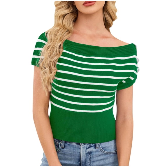 zbxnLI Striped off the Shoulder Blouse for Women Summer Short Sleeve Shirt Top Fashion Casual Stylish Shirts