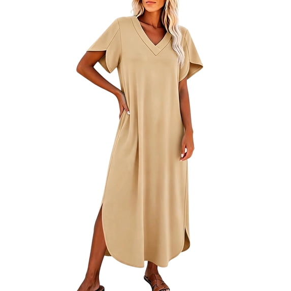 zbxnLI Summer Dress for Womens V Neck Short Sleeve T Shirt Dresses Casual Loose Beach Vacation Long Sundress