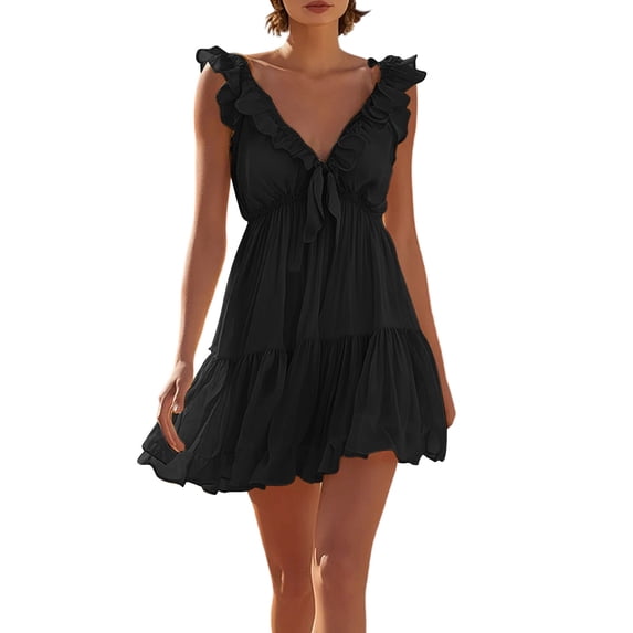 zbxnLI Summer Mini Dress for Women V Neck A Line Sleeveless Sundress Fashion Flowy Ruffle Hem Vacation Dresses