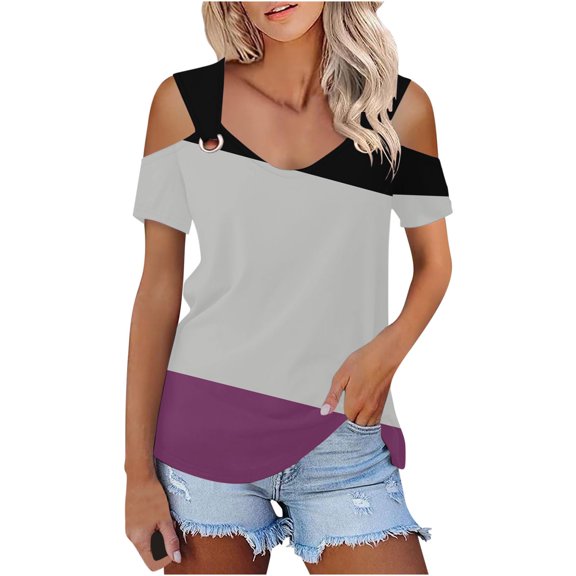 zbxnLI Summer Shirt Women Cold Shoulder Pullover Blouse V Neck Short Sleeve Top Color Block Blouses Fashion Clothes