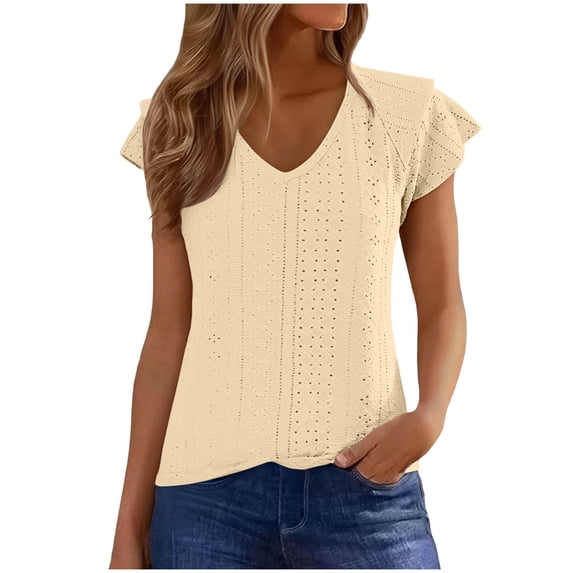 zbxnLI Summer Tops Womens Plain Blouse Ruffle Short Sleeve T Shirt V Neck Top for Ladies Dress Work Fashion Blouses