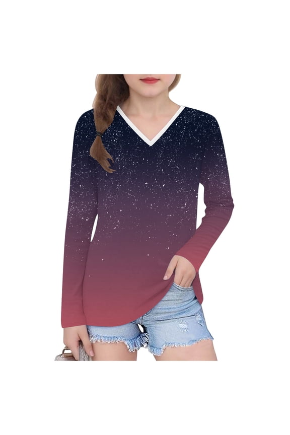 Teen Girls T-Shirts Gradient Long Sleeve Tee Fall Winter Basic Shirts Casual Tops for Little & Big Girls
