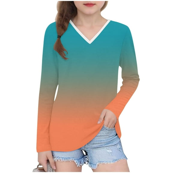 zbxnLI Teen Girls T-Shirts Gradient Long Sleeve Tee Fall Winter Basic Shirts Casual Tops for Little & Big Girls