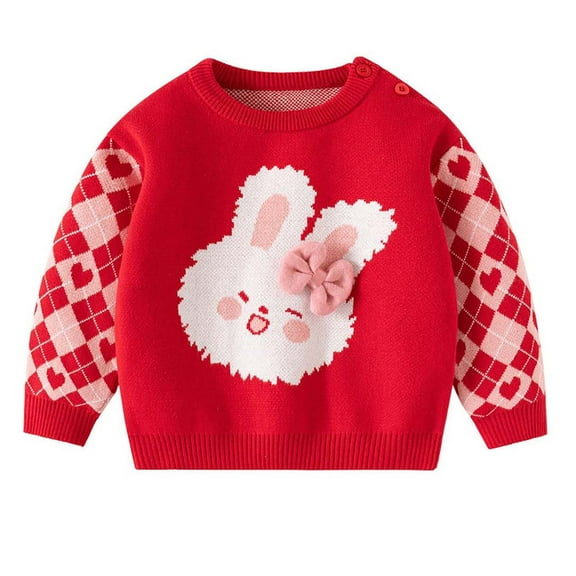 zbxnLI Toddler Baby Girls Knit Sweater Cartoon Printed Crew Neck Top Fall Winter Pullover Sweaters