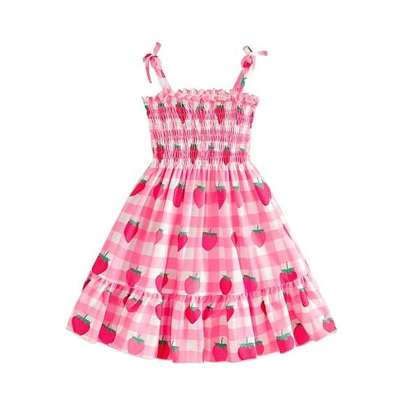 zbxnLI Toddler Girls Strawberry Dresses Tie Shoulder Swing Sundress Summer Beach Vacation Dresses