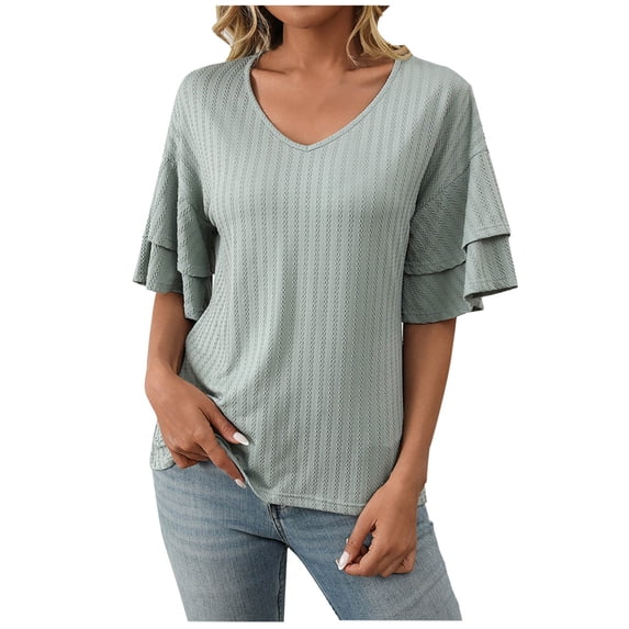 zbxnLI V Neck Blouse for Women Fashion Ruffle Sleeve Shirts Loose Solid Color Summer Flowy Tunic Blouses Tee Tops