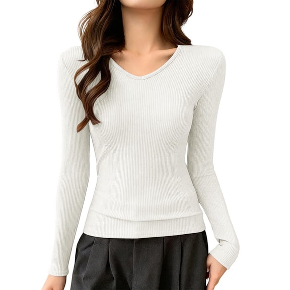 zbxnLI V Neck Knitted Tops Women Long Sleeve Ribbed Top Base Layer Undershirt for Ladies Casual Slim Shirts