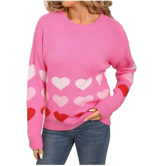 zbxnLI Valentine's Day Sweater for Women Knit Long Sleeve Pullover Heart Printed Sweater Tops for Women
