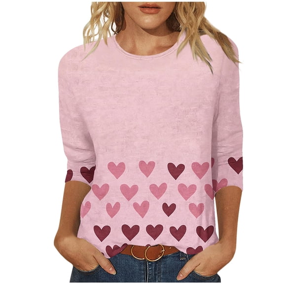 zbxnLI Valentine's Day Tops Women's Spring Shirts 3/4 Sleeve Blouse Crew Neck Pullover Top Casual Comfy Tee