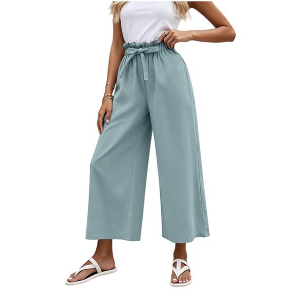 zbxnLI Wide Leg Cropped Pants for Women High Elastic Waist Baggy Pant with Pockets Casual Vacation Trousers