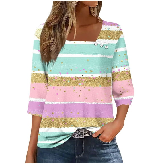 zbxnLI Women 3/4 Sleeve Printed Shirts Plus Size Buttoned V Neck T Shirt Women's Casual Trendy Work Tops S-3XL