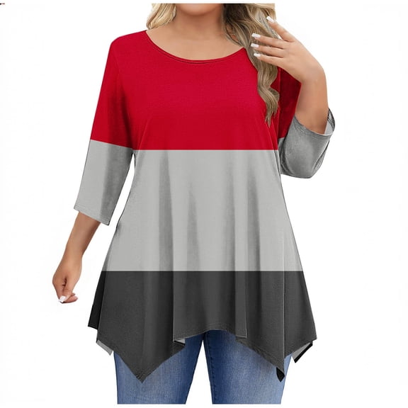zbxnLI Women 3/4 Sleeve Shirts Crew Neck Pleated Tops Plus Size Color Block Tunic Top Loose Basic Ladies Clothes