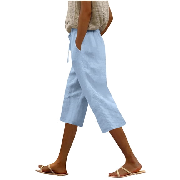 zbxnLI Women Capri Pants with Pockets Cotton Linen Cropped Pants Casual Vacation Straight Leg Capris