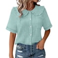 thumbnail image 1 of zbxnLI Women Casual Button down Blouses Tops Summer Short Sleeve Top Breathable Comfort Loose Ruffle Neck Outfits, 1 of 6