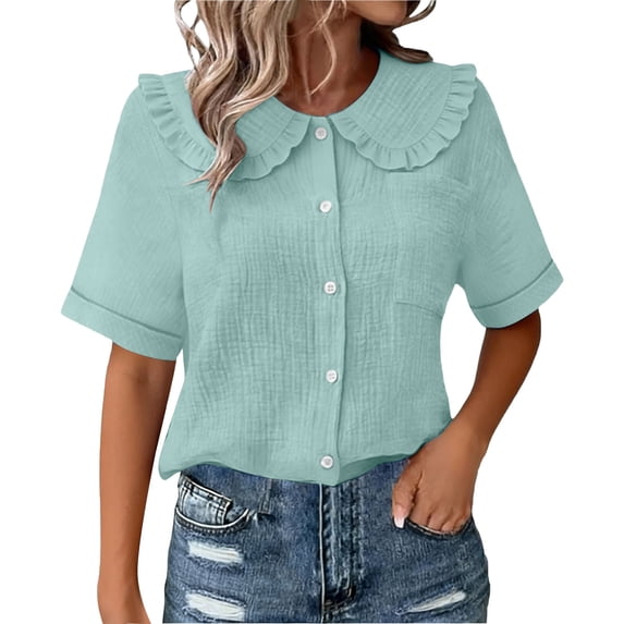 zbxnLI Women Casual Button down Blouses Tops Summer Short Sleeve Top Breathable Comfort Loose Ruffle Neck Outfits