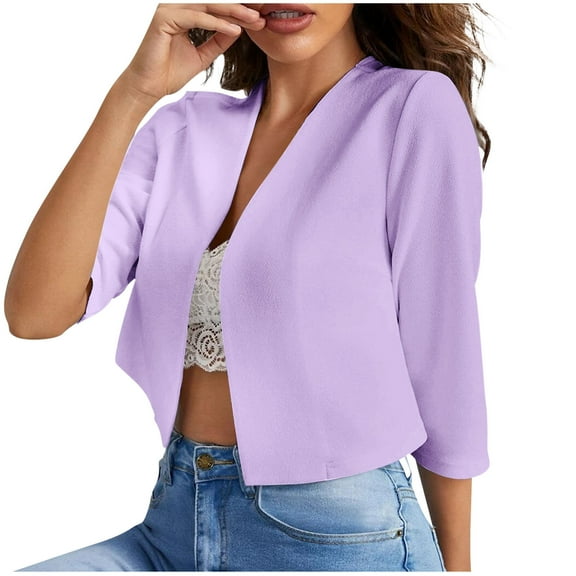 zbxnLI Women Cropped Blazer 3/4 Sleeve Tops Collareless Cardigan Blazers Top Ladies Work Suit Jacket Fashion Outfits