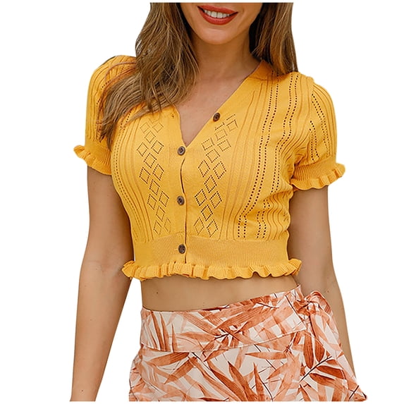 zbxnLI Women Cropped Tops Summer Casual Short Sleeve Button down Slim Summer Breathable Going out Shirts Blouse