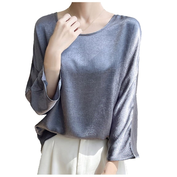 zbxnLI Women Satin Blouse 3/4 Sleeve T Shirt Crew Neck Top Casual Dressy Work Blouses Loose Shirts Fashion Clothes
