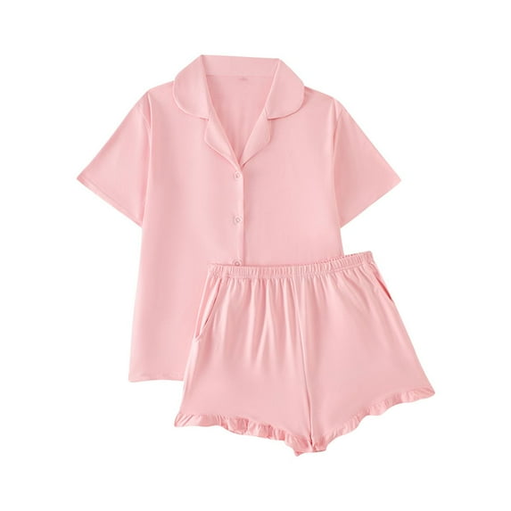 zbxnLI Women Sets Pajamas Short Sleeve Women's Solid Color Button down Tops with Shorts Sleepwear Comfy Soft Loungewear