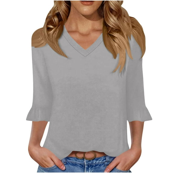 zbxnLI Women's 3/4 Bell Sleeve Blouses Dressy V Neck Casual Blouses Loose Cute Tunic Tops for Women