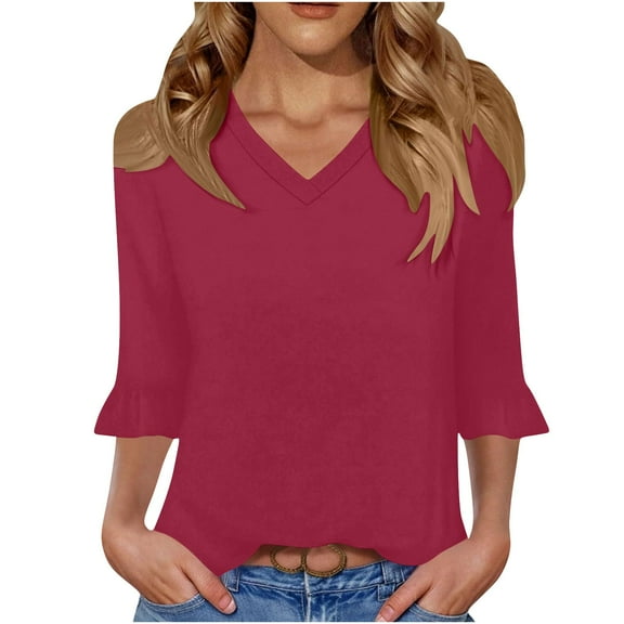 zbxnLI Women's 3/4 Bell Sleeve Blouses Dressy V Neck Casual Blouses Loose Cute Tunic Tops for Women