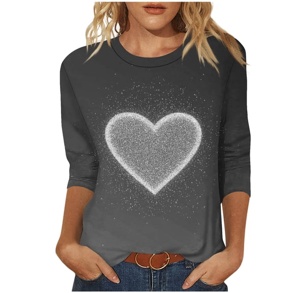 zbxnLI Women's 3/4 Length Sleeve Shirts Crew Neck Printed Graphic for Women Casual Basic Tees Loose Tunic Tops