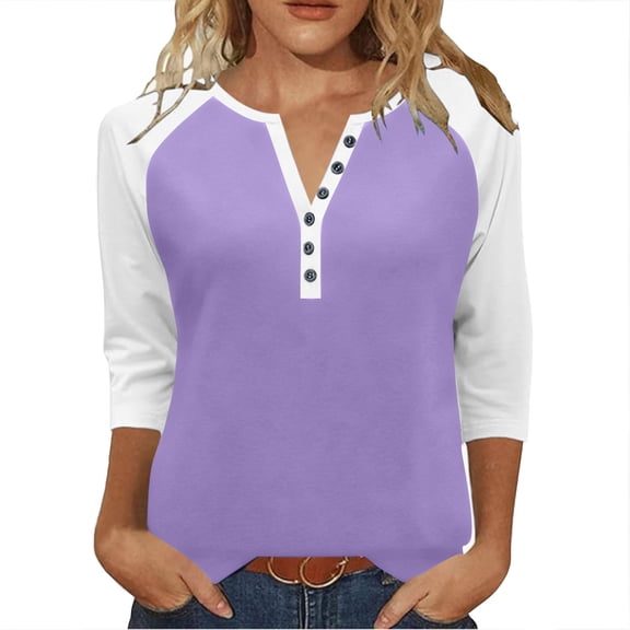 zbxnLI Women's 3/4 Length Sleeve Tunic Tops V Neck Button Color Block Casual Loose Dressy Blouses