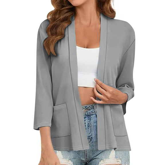 zbxnLI Women's 3/4 Sleeve Cardigans Lightweight Casual Open Front Tunic Jacket Outwear with Pockets