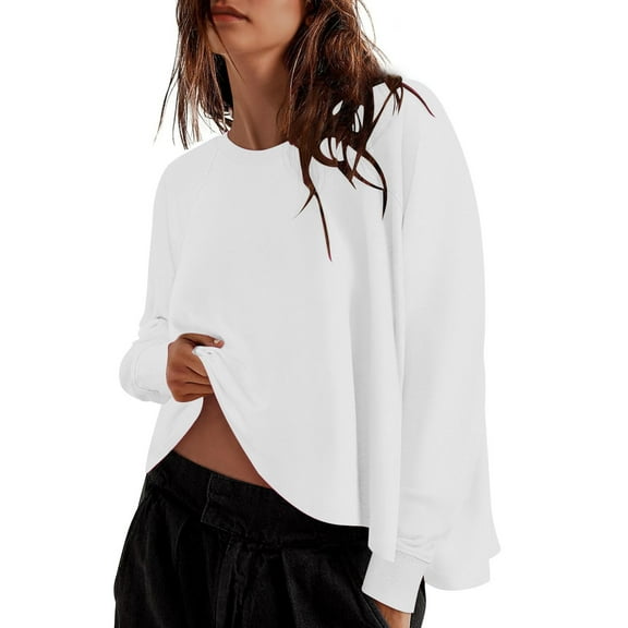 zbxnLI Women's Athletic Sweatshirts Long Sleeve Cropped Tops Lightweight Loose Pullover Sweatshirt Solid Color