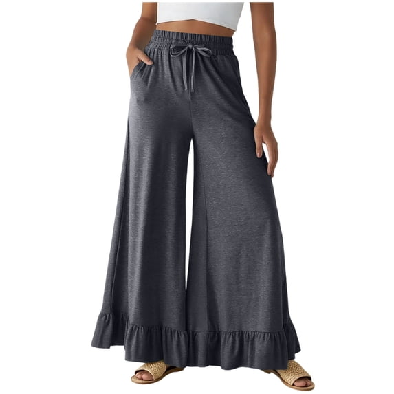 zbxnLI Women's Boho Wide Leg Pants Ruffle Hem Flowy Beach Pants High Waist Lounge Pants with Pockets