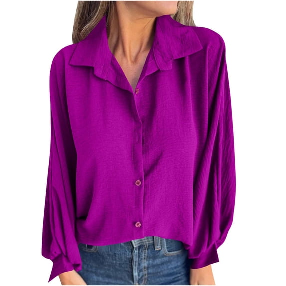 zbxnLI Women's Button up V-Neck Blouse Oversized Shirts Drop Shoulder Long Sleeve Blouses Casual Loose Clothes