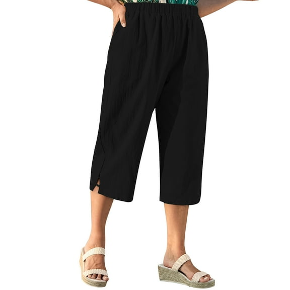 zbxnLI Women's Casual Capri Pants Elastic Waist Summer Linen Pants Lightweight Beach Vacation Capris