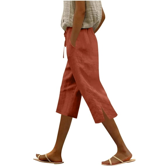 zbxnLI Women's Casual Capri Pants Straight Leg Pant Drawstring Plus Size Trouser Solid Color Outfits with Pockets