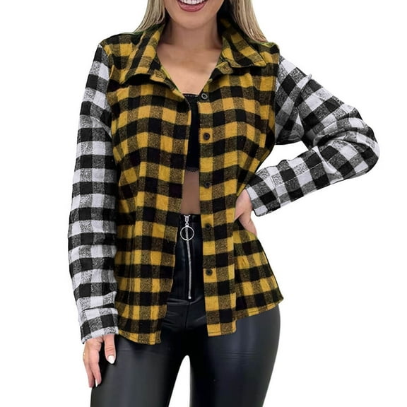 zbxnLI Women's Casual Plaid Shirts Lapel Long Sleeve Button down Shirt Spring Fall Outerwear Jackets