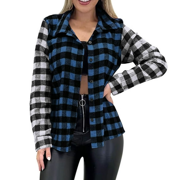 zbxnLI Women's Casual Plaid Shirts Lapel Long Sleeve Button down Shirt Spring Fall Outerwear Jackets