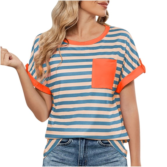 zbxnLI Women's Casual Striped T-Shirts Short Sleeve Crewneck Color Block Pocket Summer Basic Tee Tops for Women