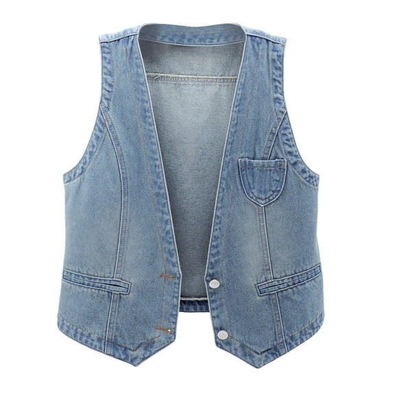 zbxnLI Women's Denim Vest Tops Sleeveless Jean Jacket Button down V Neck Fashion Outerwear S-5XL